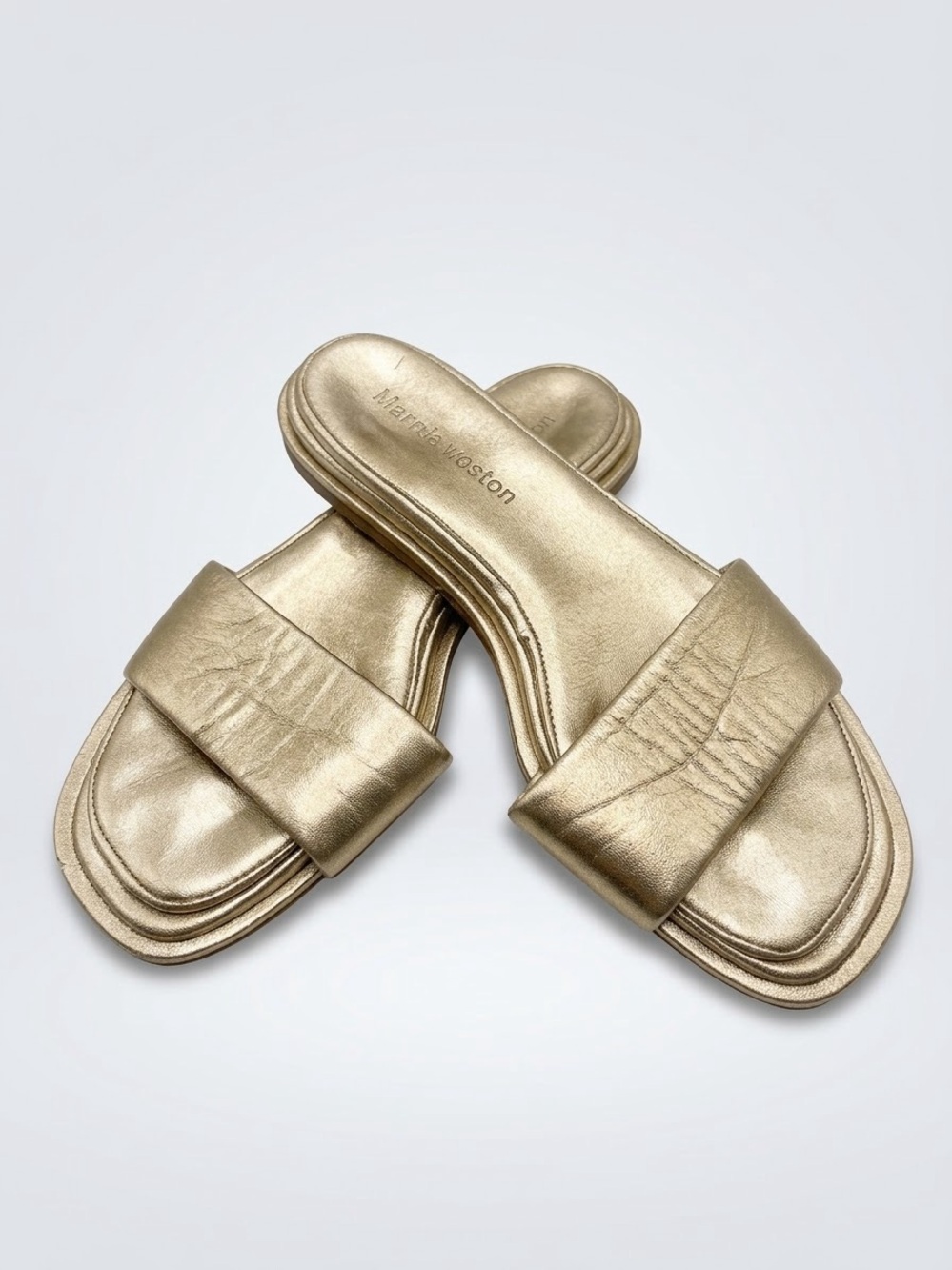 Tamara Mellon Metallic Gold Leather Flat Slide Sandals
